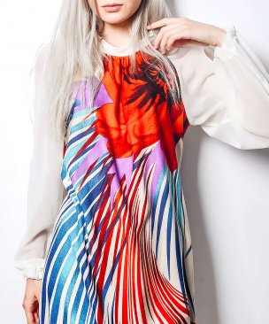Multicolored Dress with Balloon Sleeves [Options & Attributes]