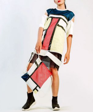 Sleeved Mini Dress in Color Block